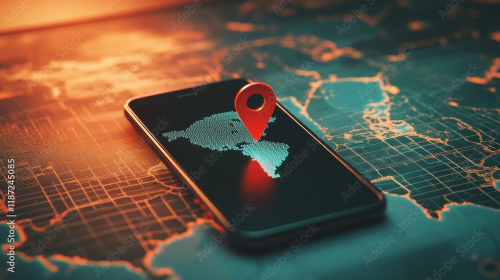 Poster smartphone displaying south america map with location pin positioned on top, placed on a world map, 