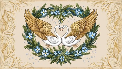 Graceful Union: Swans in Love with Golden Wings and Floral Elegance