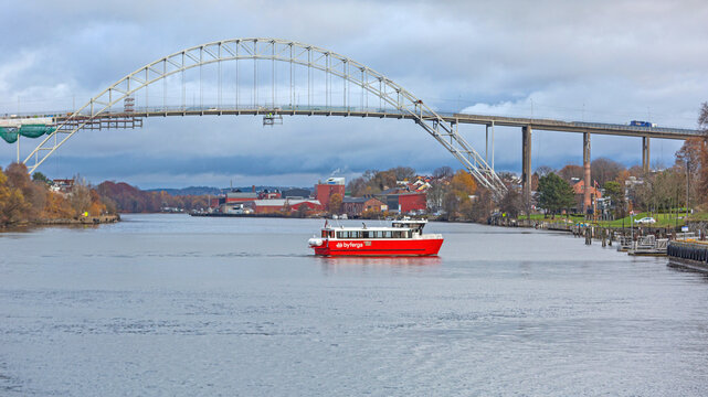 Red Passengers Ferry Boat Under Fredrikstad Bridge at Glooma River Norway