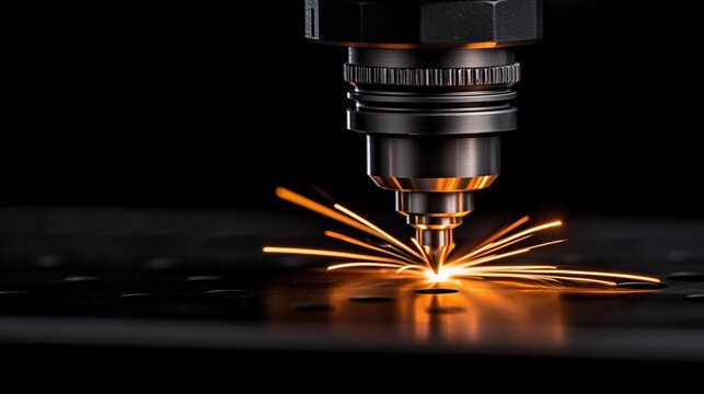 Close view of a laser cutting machine in action, creating intricate designs on a metal sheet. Bright sparks fly from the cutting point, showcasing the technology used in modern manufacturing