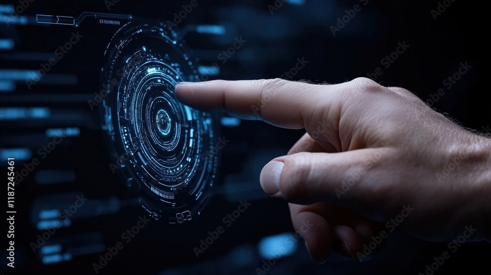 Poster hand reaches out to touch a holographic interface filled with dynamic data and glowing elements. set
