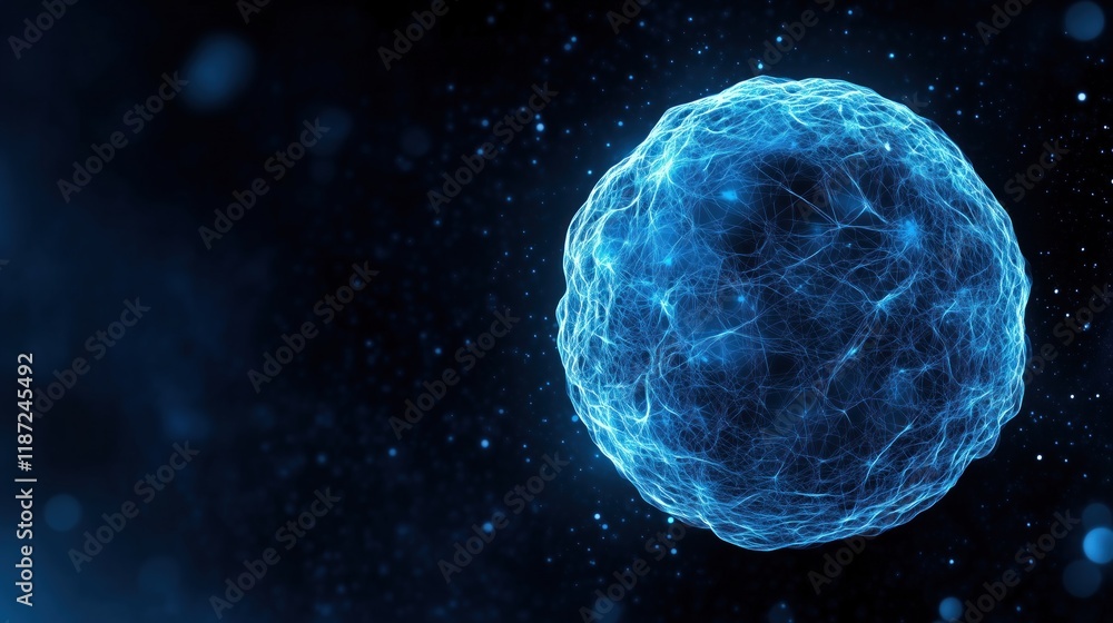 Poster captivating blue cell structure glows vividly in a dark setting, highlighting intricate patterns and