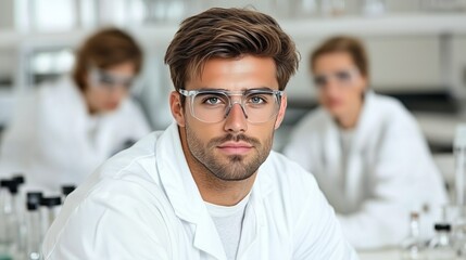 young male scientist with a focused expression sits in a laboratory, wearing protective glasses and a white coat. Two coworkers are busy in the background, working at laboratory stations