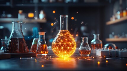 Glowing orb in flask, lab experiment with chemicals in background.