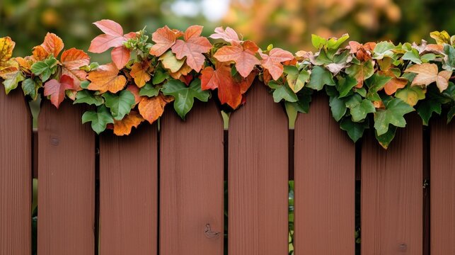 Brightly colored autumn leaves in shades of green, orange, and red spill over the top of a sturdy brown wooden fence, creating a picturesque view in a tranquil garden setting