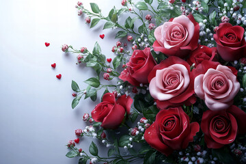 Bouquet of Red and Pink Roses with Hearts  
