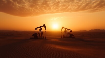 Two oil pumps work steadily against the backdrop of a stunning sunset, casting shadows on the sandy terrain of a vast desert landscape, highlighting the industrial activity in a natural setting
