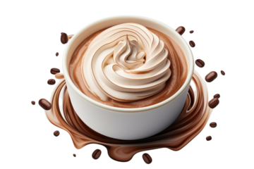 Delicious dessert in a bowl topped with creamy swirl and surrounded by chocolate drips