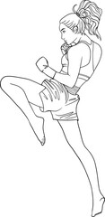 kickboxer girl, fighter woman vector outline illustration