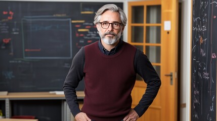 seasoned educator stands confidently in front of a chalkboard filled with notes and diagrams, showcasing expertise in a vibrant classroom filled with learning tools
