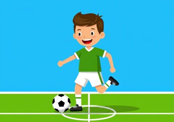 Obraz premium Happy young boy playing soccer on a green field with blue sky background