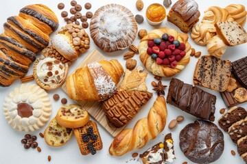 An array of tempting pastries, including croissants, cakes, and cookies, presented on a clean white surface in an inviting display