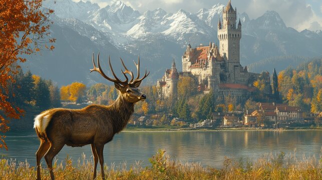 Majestic stag by autumn lake, castle backdrop.