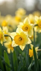 Obraz premium Bright yellow daffodils blooming in a sunny garden setting