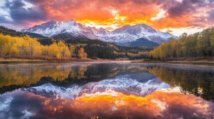 Obraz premium Stunning sunrise over snow-capped mountains reflected in a calm autumn lake, vibrant colors.