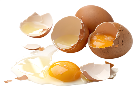 Broken eggs, eggshells with yolk isolated on white background PNG.AI GENERATED