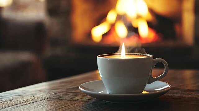 Cozy living space with a steaming cup of coffee beside a warm fireplace, Cup of coffee on table with fireplace in cozy living room during winter Warm and relaxing concept
