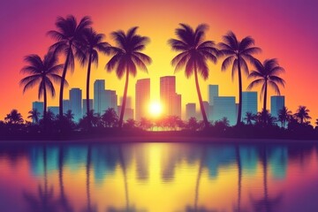 Tropical Cityscape at Sunset with Palm Trees and Skyline Reflections