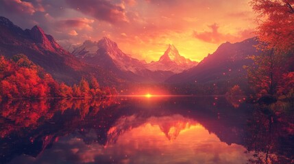 Vibrant autumn sunset over a calm lake reflecting majestic mountains and colorful foliage.