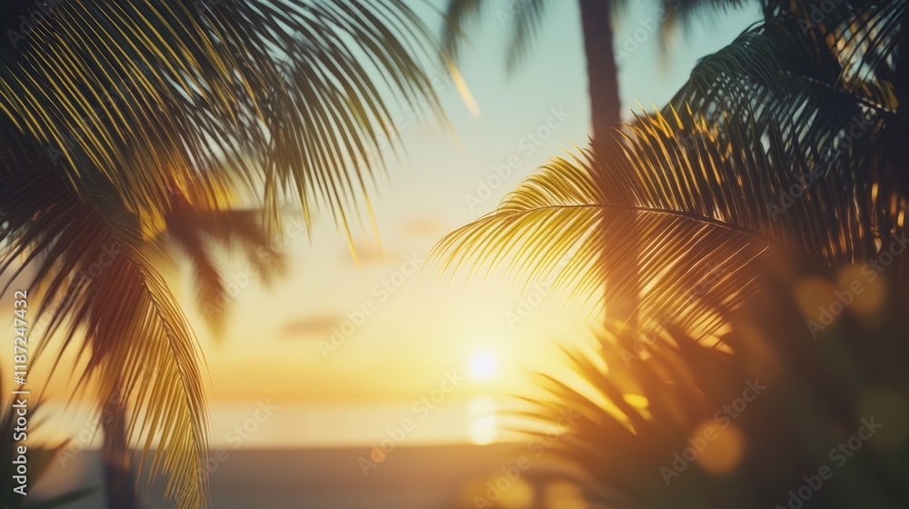Poster golden hour sunlight filters through palm fronds, creating a warm and inviting atmosphere, evoking t