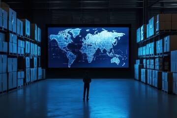 Global data visualization in a modern warehouse innovative concepts high-tech environment futuristic viewpoint