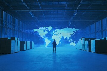 Global logistics concepts in a warehouse digital mapping visualization industrial environment wide angle perspective