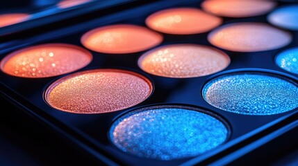 Vibrant Makeup Palette with Shimmering Blue and Orange Eyeshadows in Close-Up