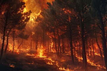 Fototapeta premium Flames rapidly consume trees in a forest, filling the air with smoke and heat as wildlife faces danger. The intensity of the blaze illuminates the surroundings