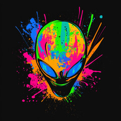 Fototapeta premium Colorful alien head graphic with vibrant splashes