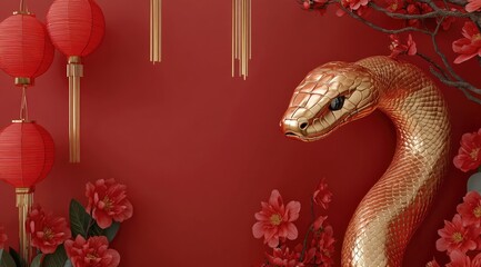 A red background with a golden snake decoration, Chinese lanterns, plum blossoms, and peonies, showcasing Chinese New Year elements with a red wall backdrop and golden metal textures in 3D rendering