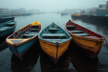Obraz premium Colorful Boats in Misty Harbor: Vibrant Rowboats Create Atmospheric Scene