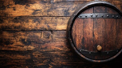 Wooden barrel resting against a rustic wooden wall in a cozy setting