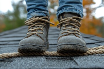 Balancing Act: Child Walking on Rope in Outdoor Adventure Setting