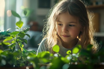 Fototapeta premium Young Girl Exploring Indoor Gardening in Sunlit Room