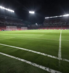 Obraz premium Wide-angle view of a football field with bright stadium lights illuminating the grass, sporty atmosphere, stadium lights
