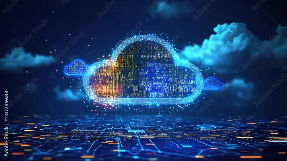Poster digital cloud technology with data lines in futuristic atmosphere