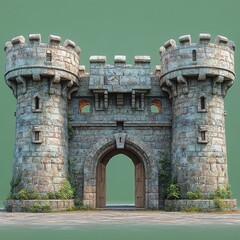 Stone castle gate, two towers, weathered.