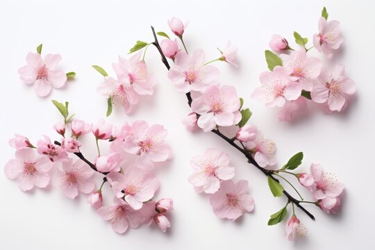 Cherry blossom branches and petals arranged elegantly on a white background highlighting their delicate beauty - Powered by Adobe
