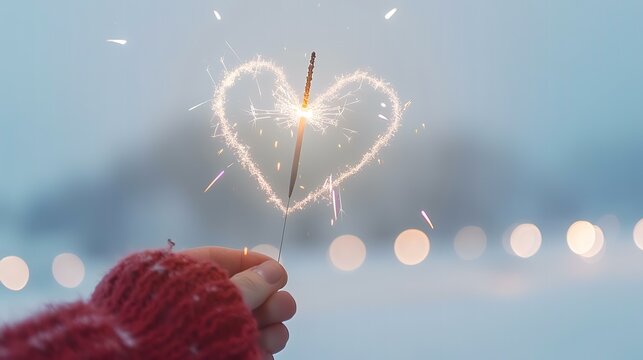 Winter sparkler heart, snowy landscape, romantic celebration, holiday card