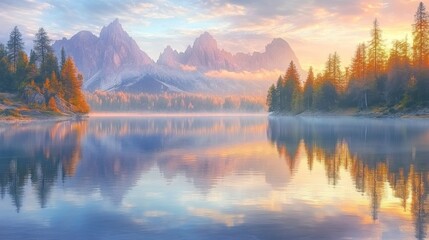 Fototapeta premium Serene sunrise over a calm lake reflecting majestic mountains and autumnal trees in a misty atmosphere.