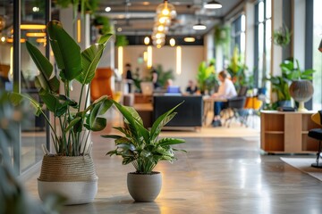 Bright and inviting workspace filled with lush green plants, where individuals are engaged in various collaborative activities during daylight hours