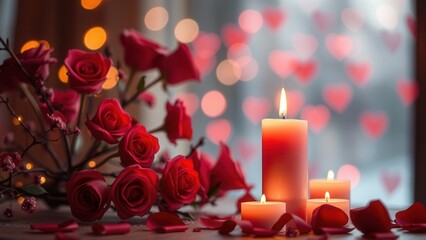 Romantic background with candles and rose petals.