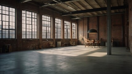 Fototapeta premium Bright Industrial Loft with Large Windows, Concrete Floors, and Sunlit Interior