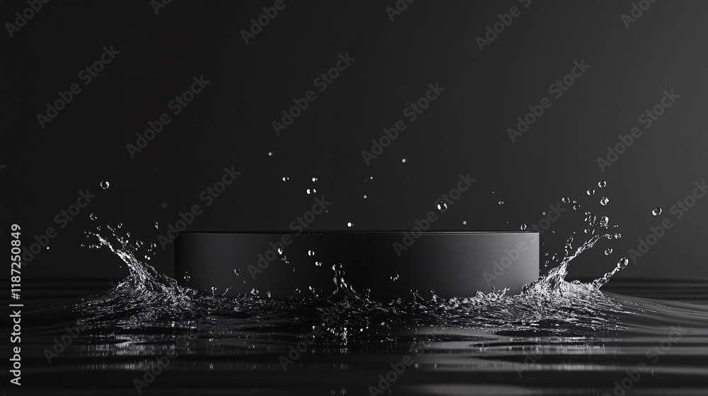 Poster dark circular object creates ripples in calm water with splash effects