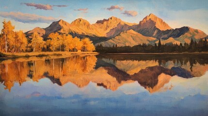 Obraz premium Serene autumn landscape painting of a mountain range reflected in a calm lake, with golden aspen trees along the shore at sunset.