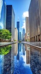 Obraz premium Downtown Chicago Skyline Reflecting in Urban Water Feature on a Clear Day
