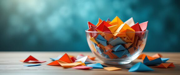 Vibrant colorful paper pieces in a glass bowl on a wooden table, perfect for a raffle draw with ample space for text