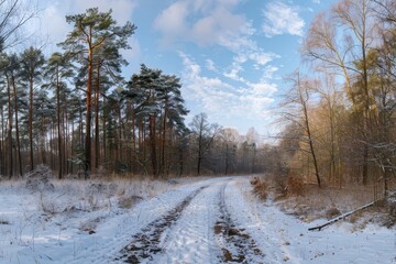 A quiet forest pathway is covered in fresh snow, framed by towering trees. The sky is mostly clear, creating a peaceful winter morning landscape