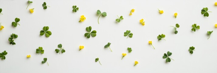 Shamrocks and Yellow Flowers on Minimalist White Background - Modern Celtic Design