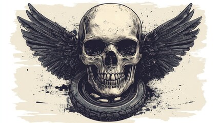 Winged skull rests on tire; grunge art.